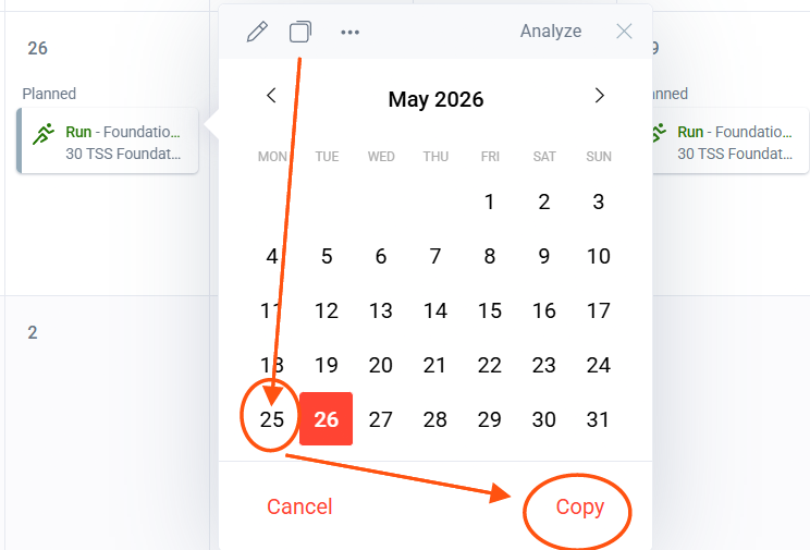 Selecting the target date and copying